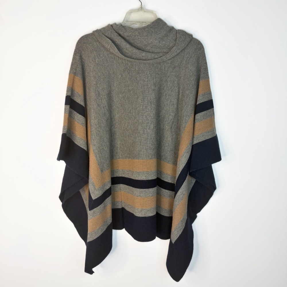 BCBGMaxAzria Wyona Poncho Sweater Grey Navy Tan Stripe‎ 100% Lambswool One Size - Picture 6 of 7